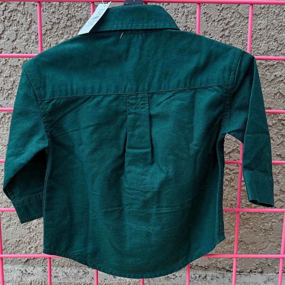 New GAP Dark Green Kids Button Down Cotton Shirt with Bear Embroidery